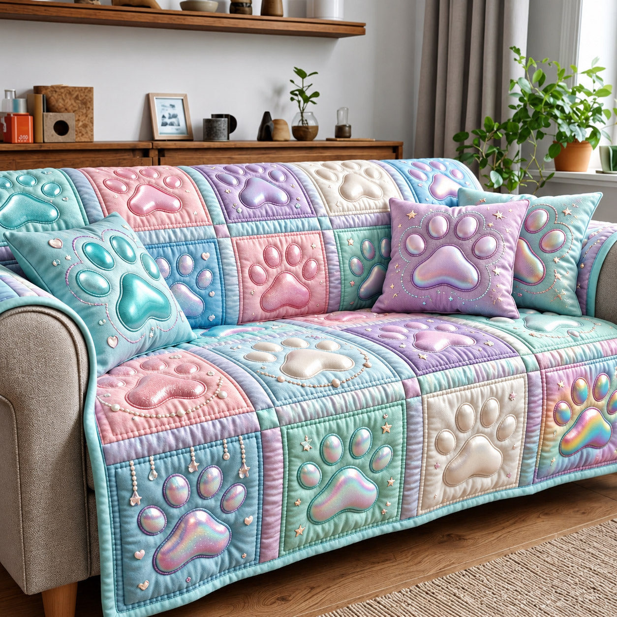 Pastel Paw Quilted Sofa Cover