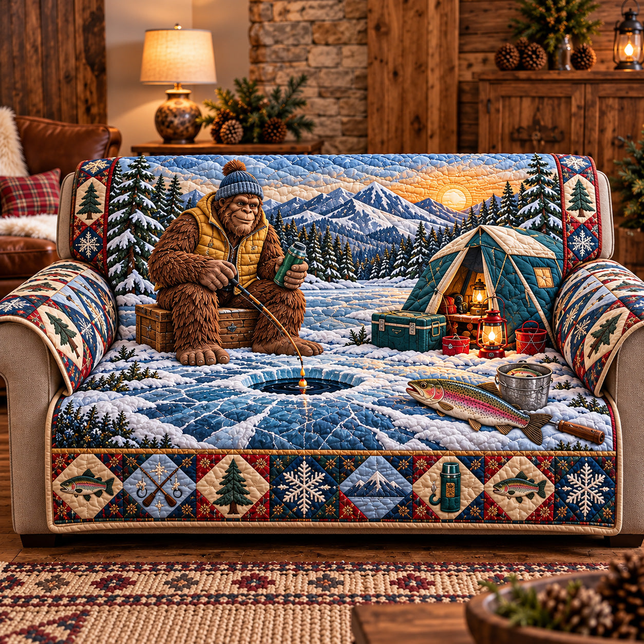 Ice Fishing Bigfoot Quilted Sofa Cover