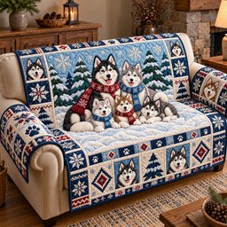 Festive Husky Family Quilted Sofa Cover