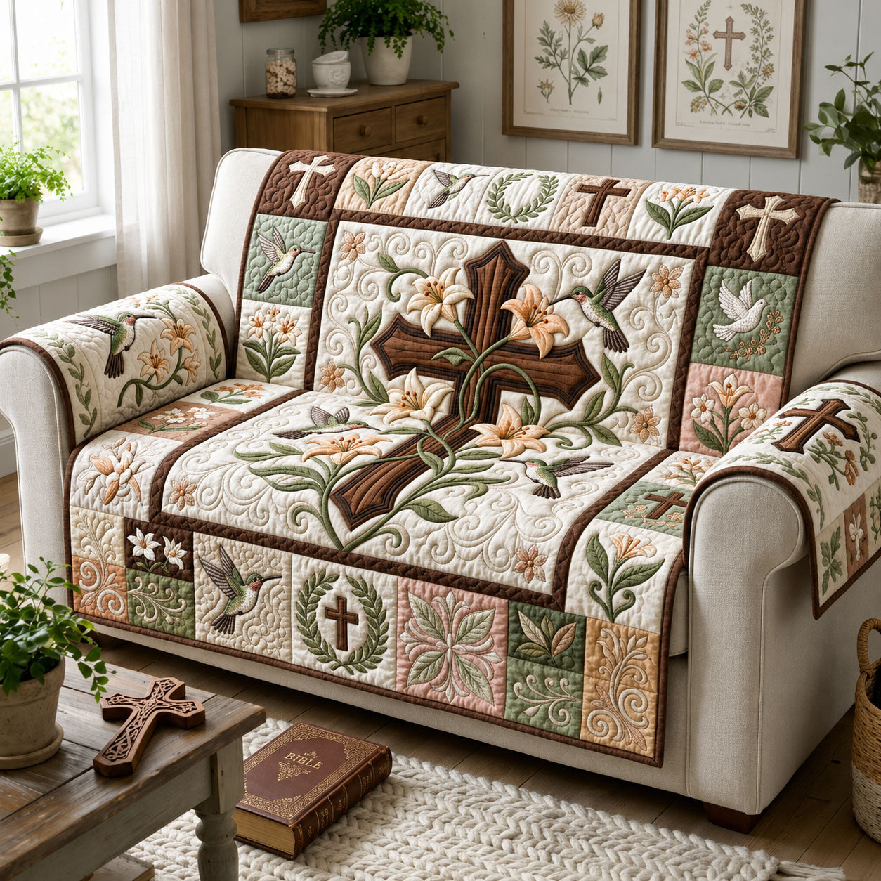Hummingbird Faith Quilted Sofa Cover