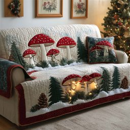 Snowy Mushrooms Quilted Sofa Cover