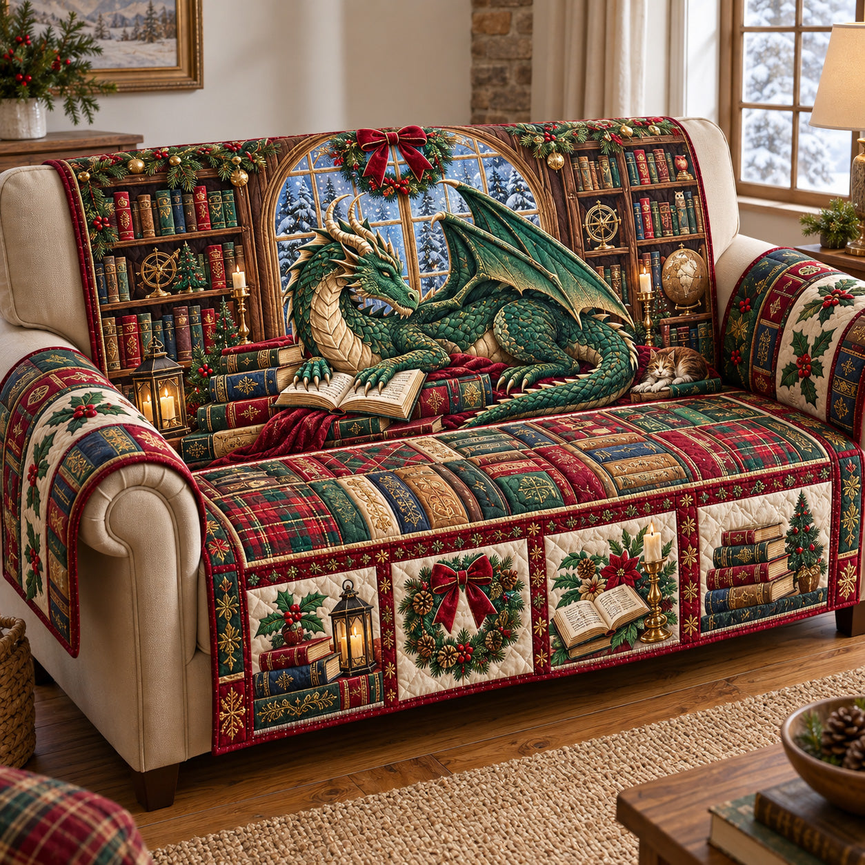 Festive Dragon Library Quilted Sofa Cover