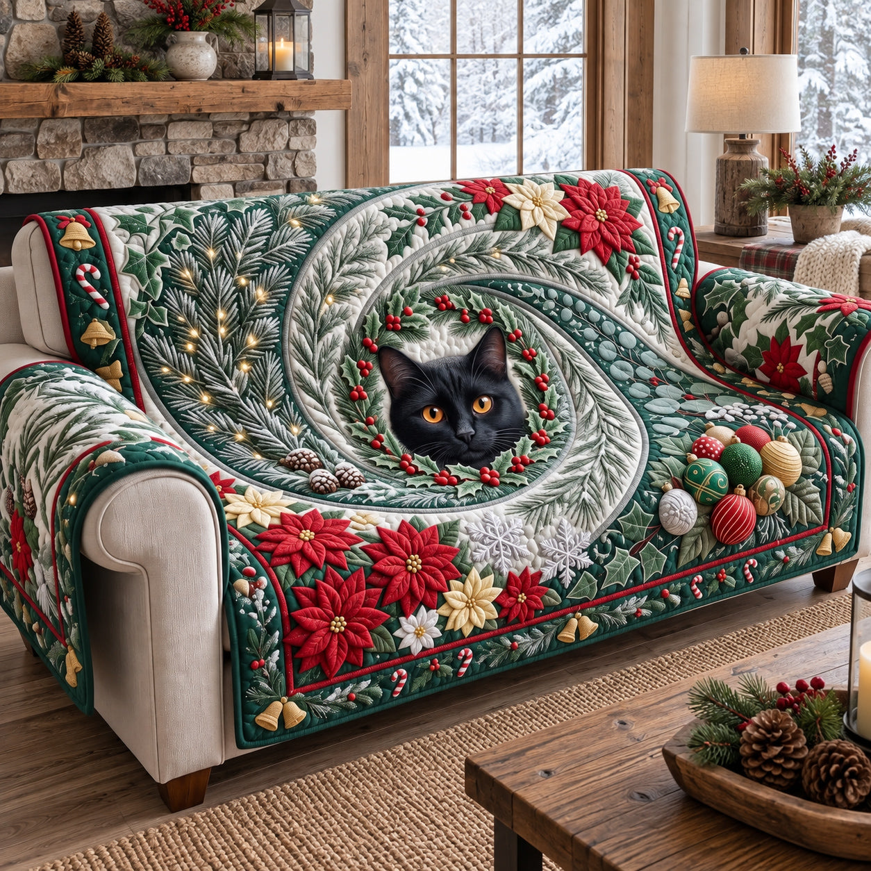 Peeking Santa Black Cat Quilted Sofa Cover