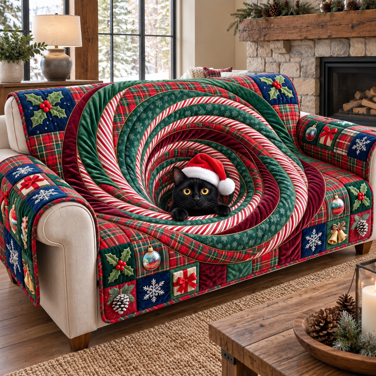 Peeking Santa Black Cat Quilted Sofa Cover