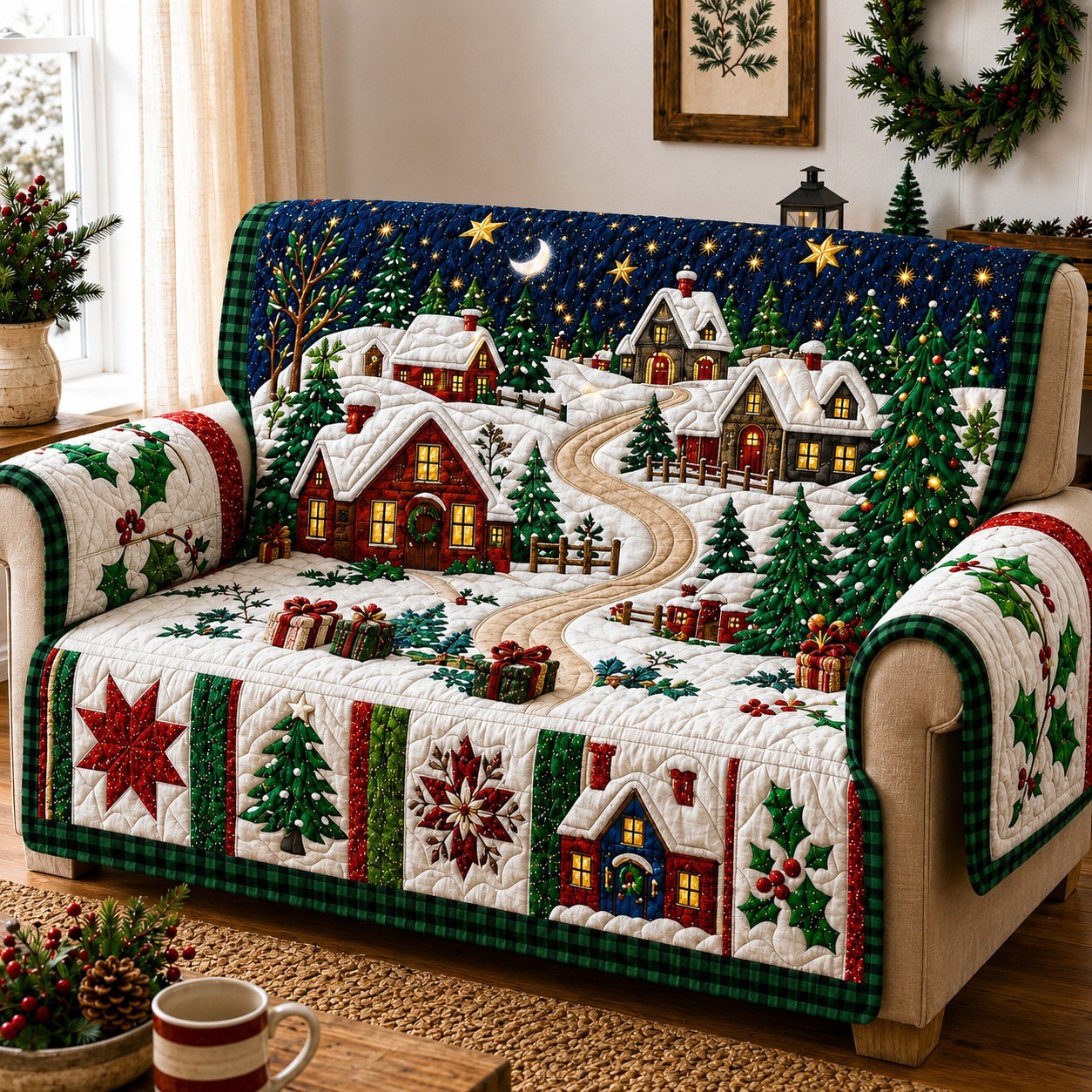 Festive Village Lights Quilted Sofa Cover