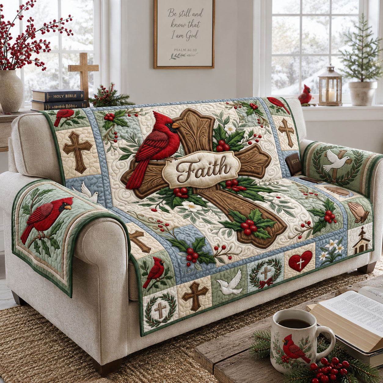 Cross Faith Cardinal Quilted Sofa Cover