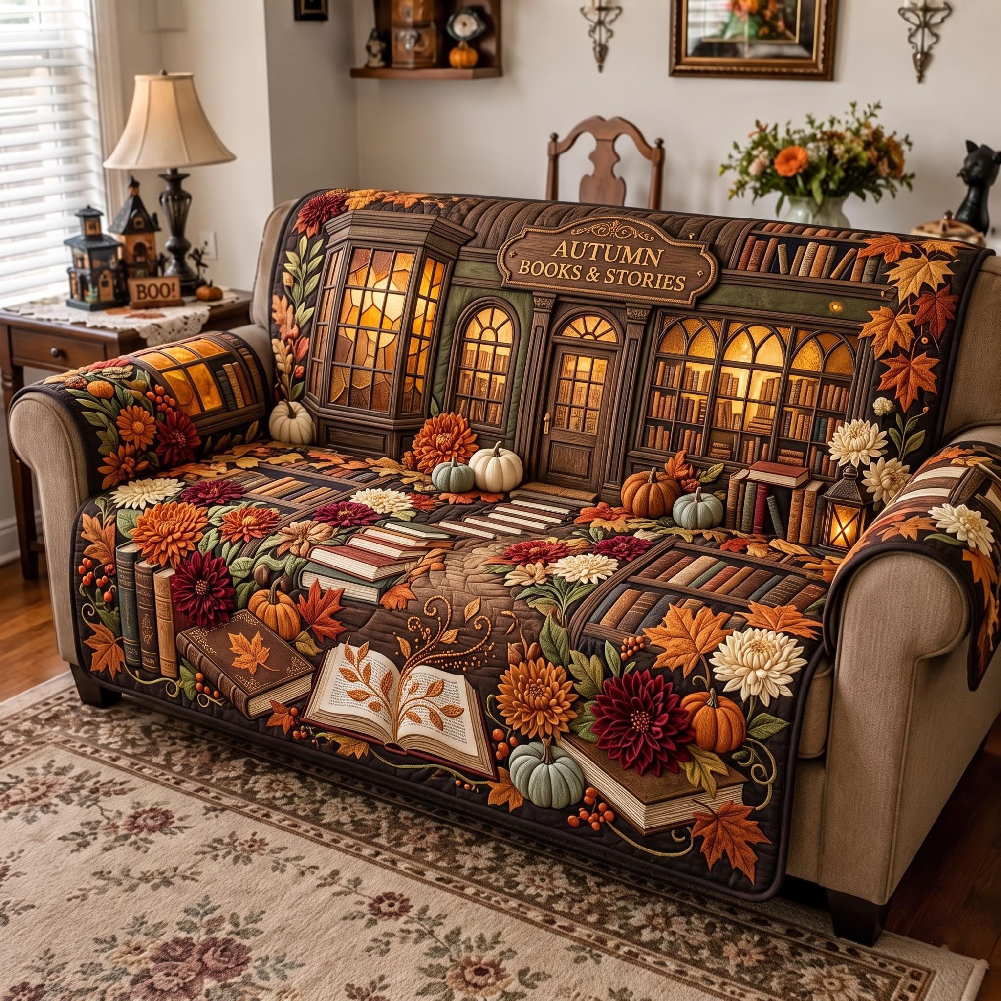Autumn Library Quilted Sofa Cover