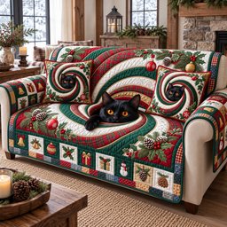 Peeking Santa Black Cat Quilted Sofa Cover