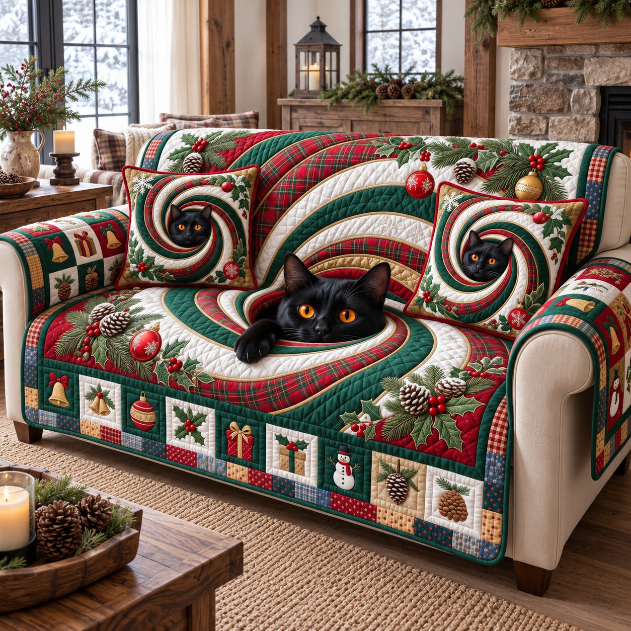 Peeking Santa Black Cat Quilted Sofa Cover
