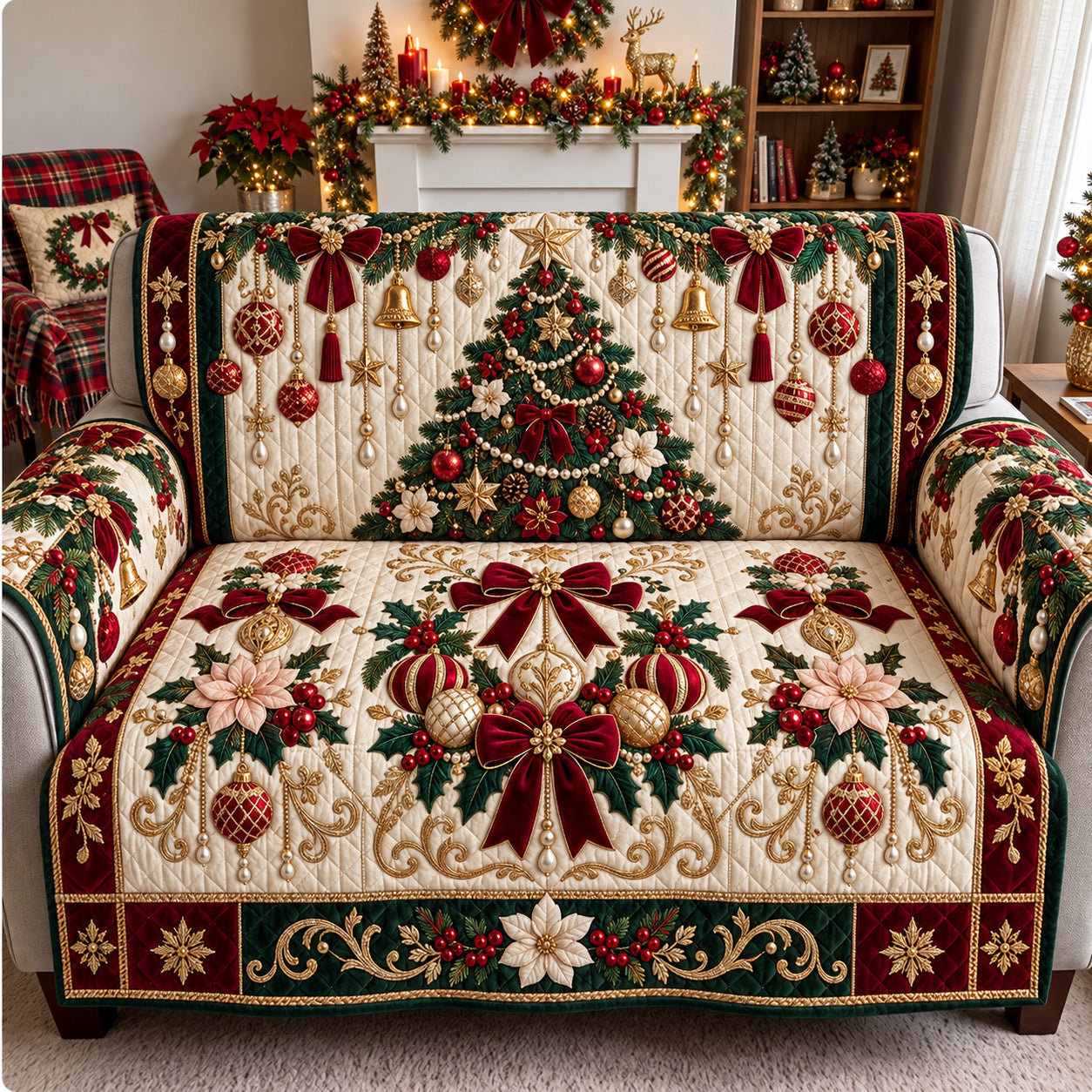 Golden Christmas Charm Quilted Sofa Cover