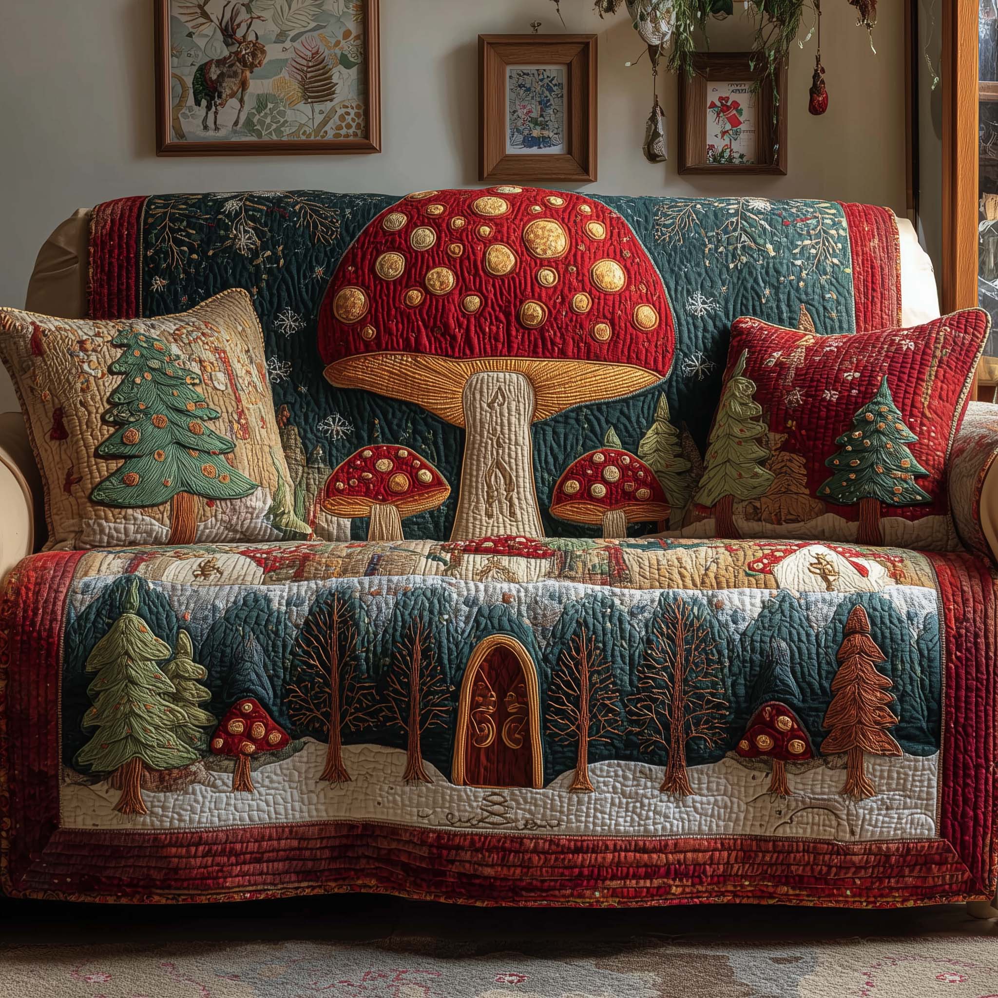 Mushroom Forest Quilted Sofa Cover