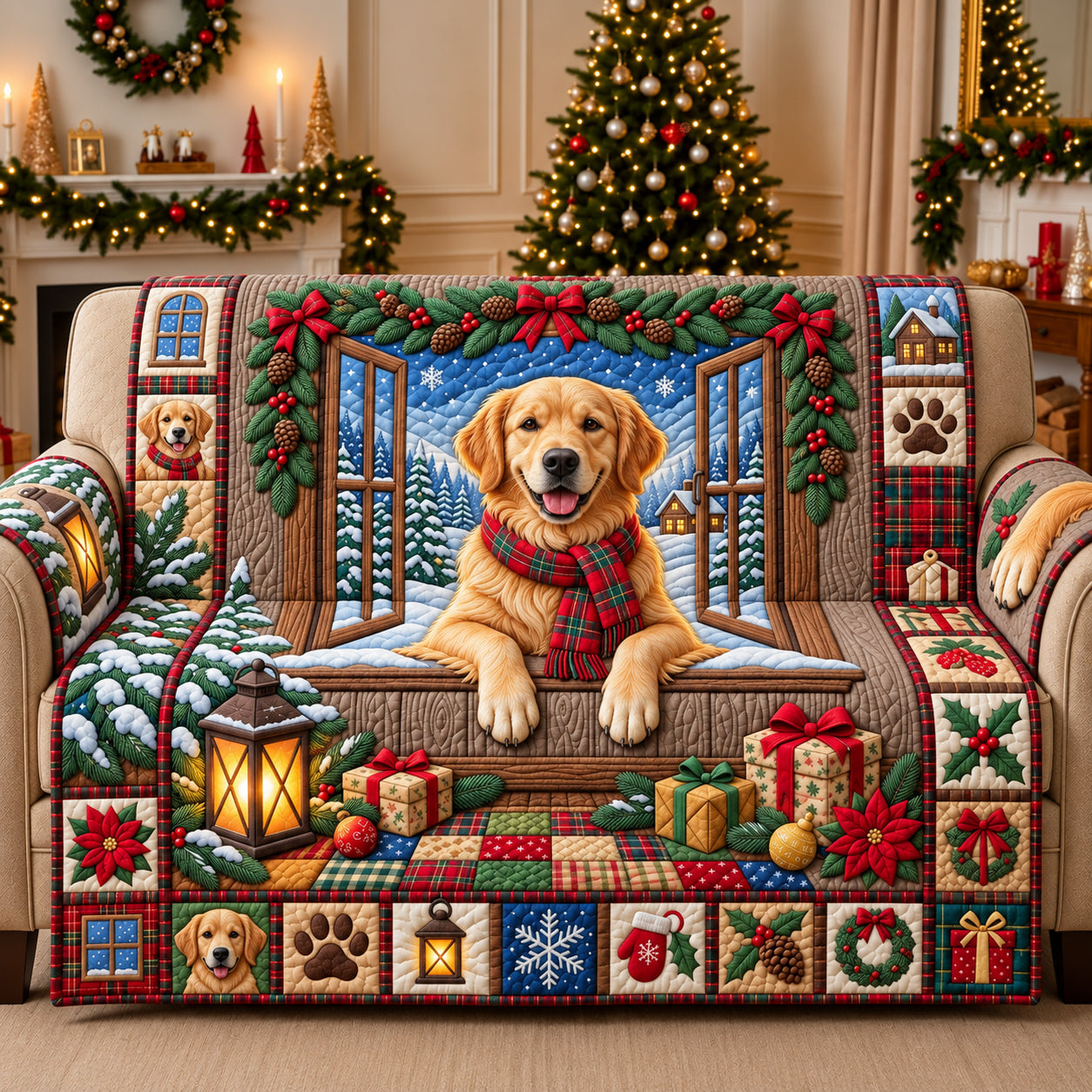 Snowy Golden Retriever Quilted Sofa Cover