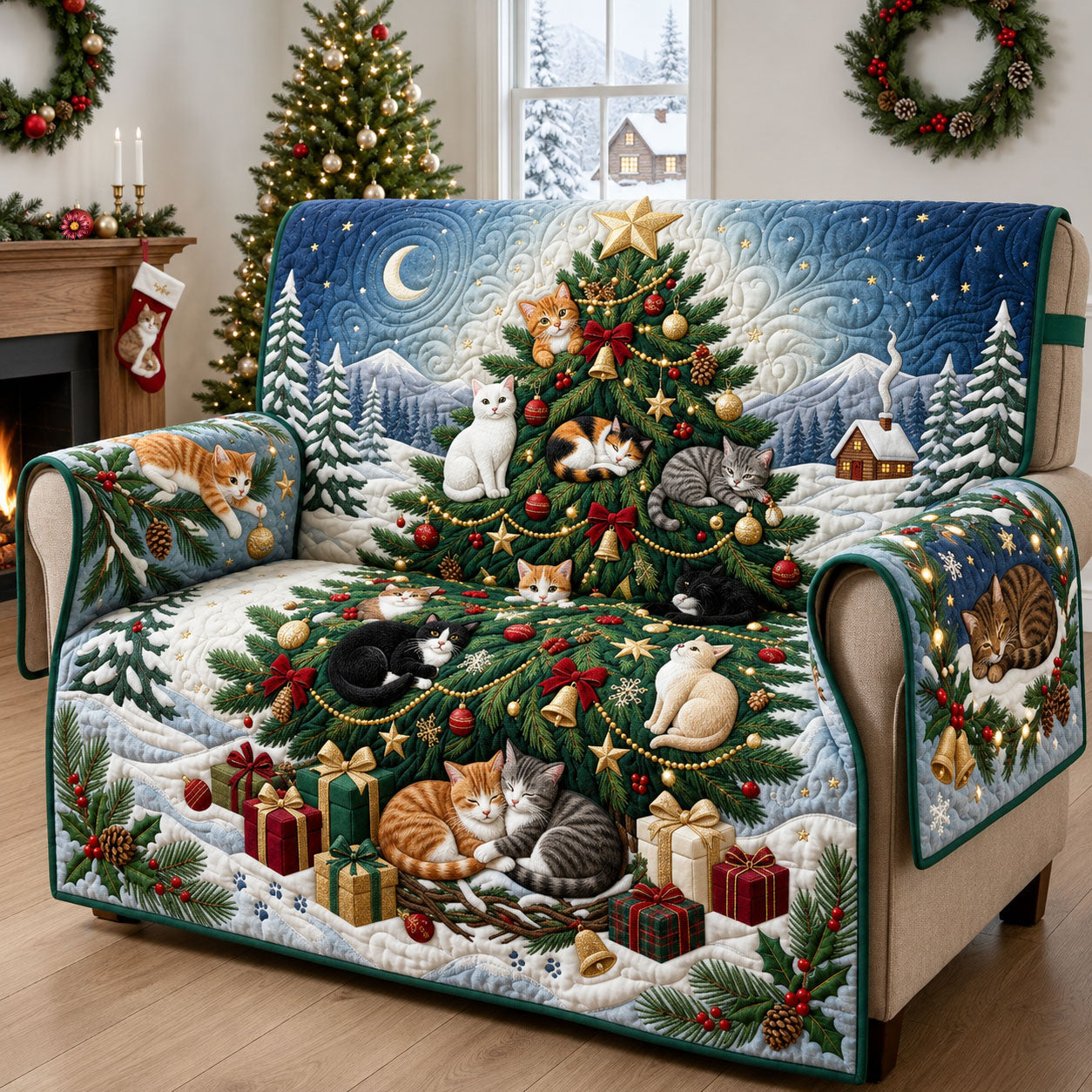 Cat Christmas Tree Quilted Sofa Cover