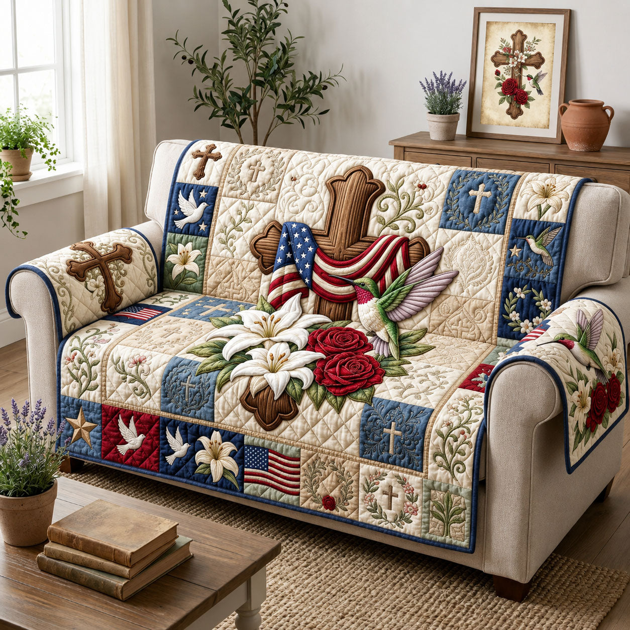 Patriotic Cross Hummingbird Quilted Sofa Cover