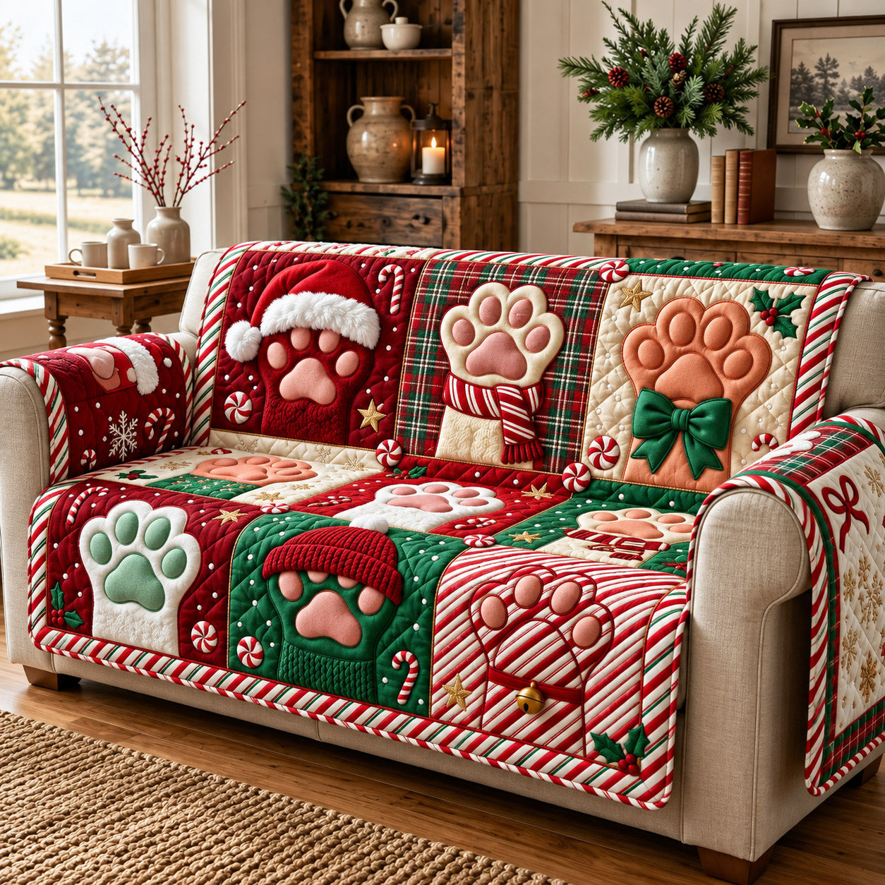Christmas Paw Quilted Sofa Cover
