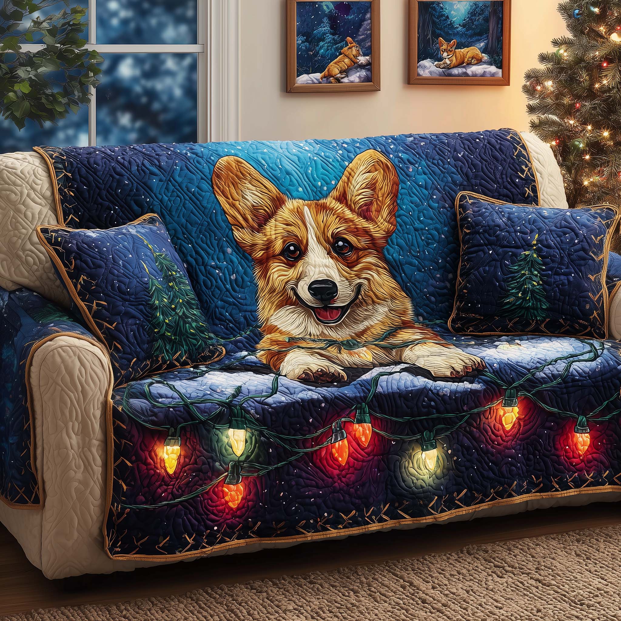 Corgi Lights Quilted Sofa Cover