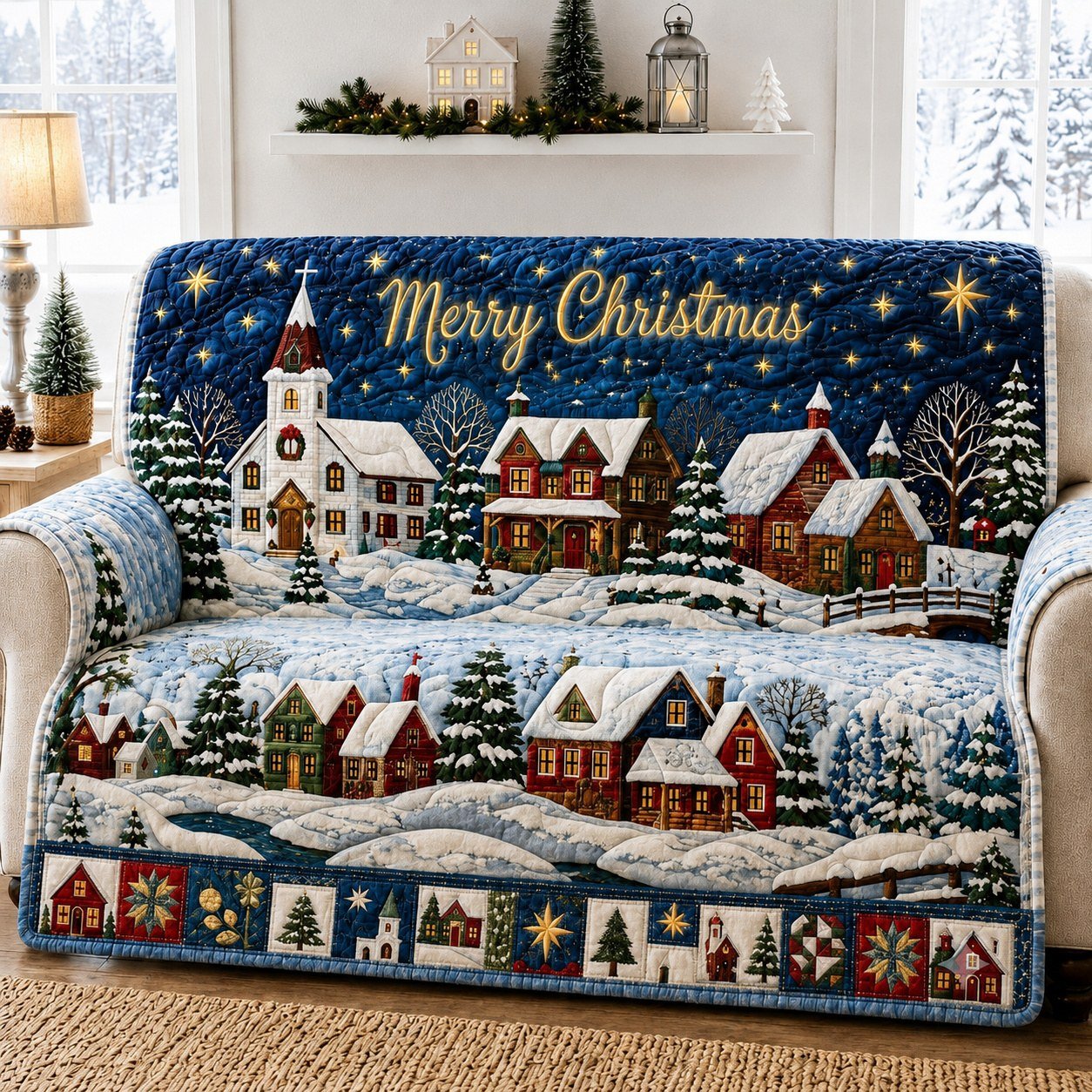 Village Christmas Charm Quilted Sofa Cover