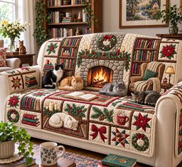 Holiday Fireplace Quilted Sofa Cover