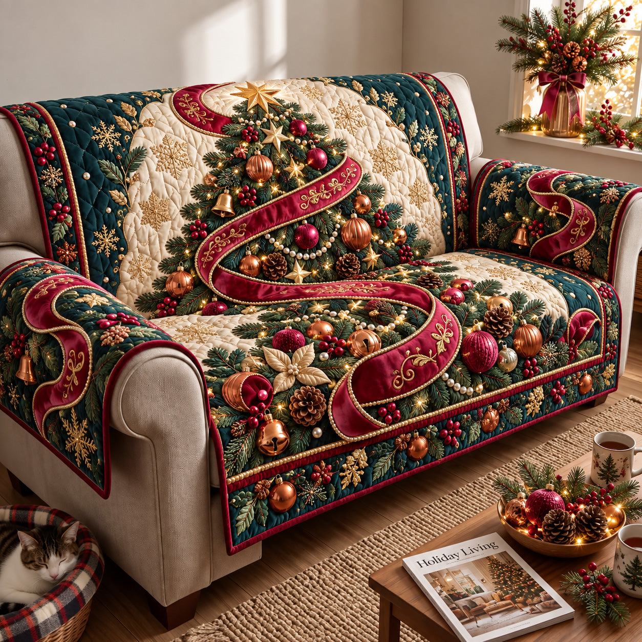 Burgundy Christmas Ribbon Quilted Sofa Cover