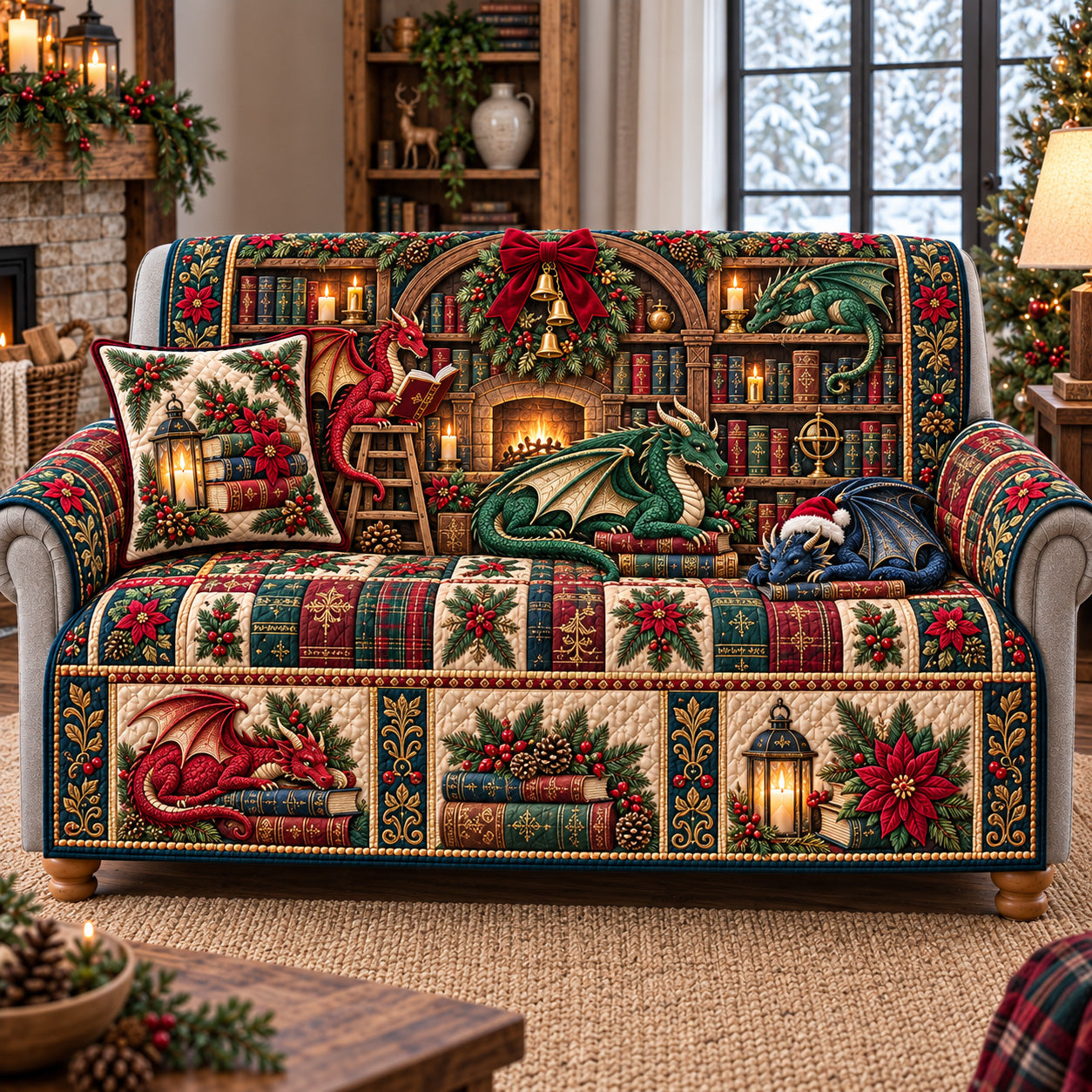 Festive Dragons Library Quilted Sofa Cover