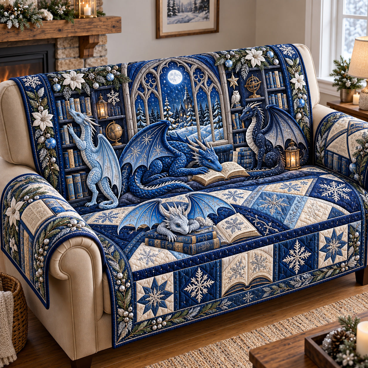 Winter Dragons Library Quilted Sofa Cover