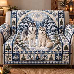 Winter Husky Duo Quilted Sofa Cover