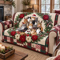 Christmas Cats Wreath Quilted Sofa Cover