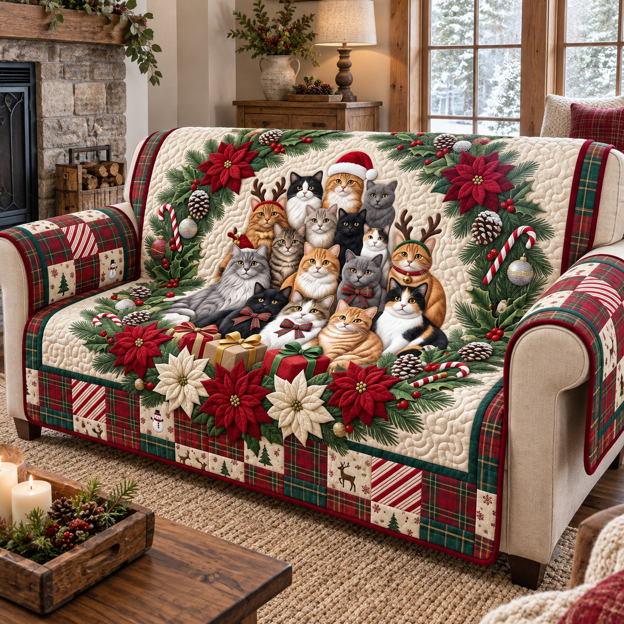 Christmas Cats Wreath Quilted Sofa Cover