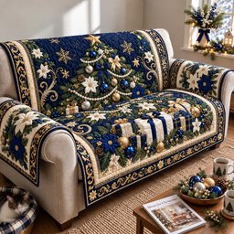 Blue Christmas Elegance Quilted Sofa Cover