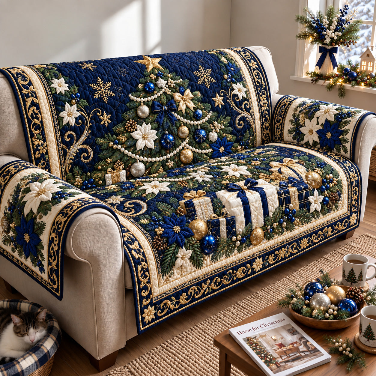 Blue Christmas Elegance Quilted Sofa Cover