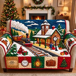 Christmas Train Station Quilted Sofa Cover