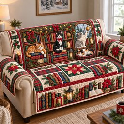 Christmas Cats Library Quilted Sofa Cover