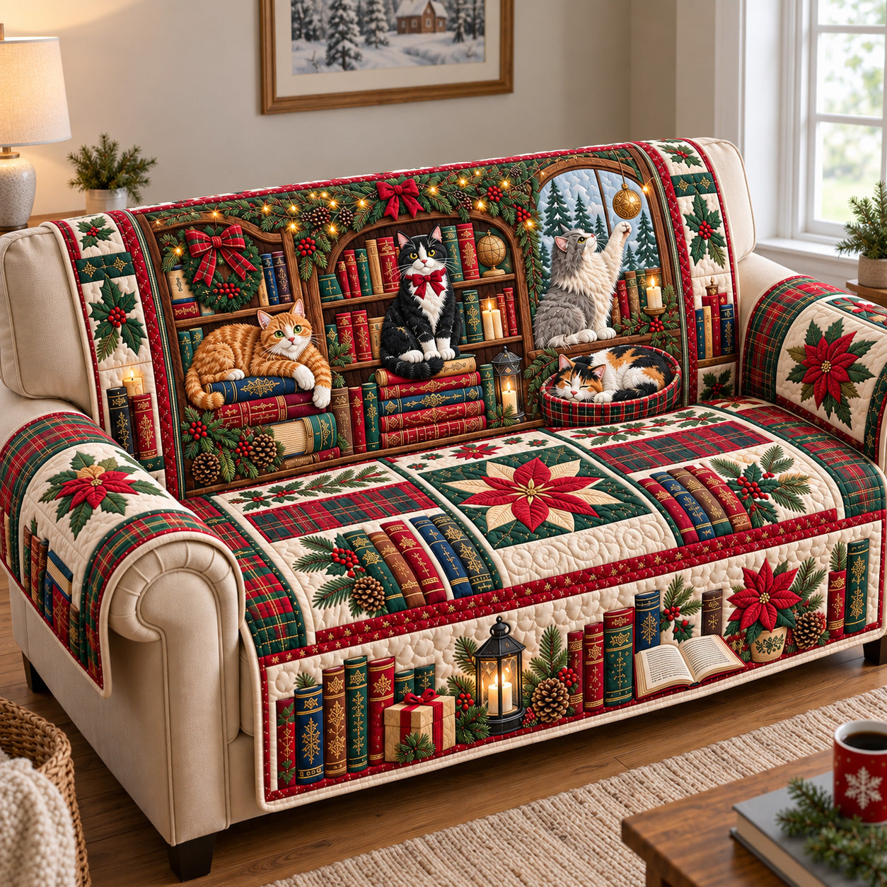 Christmas Cats Library Quilted Sofa Cover