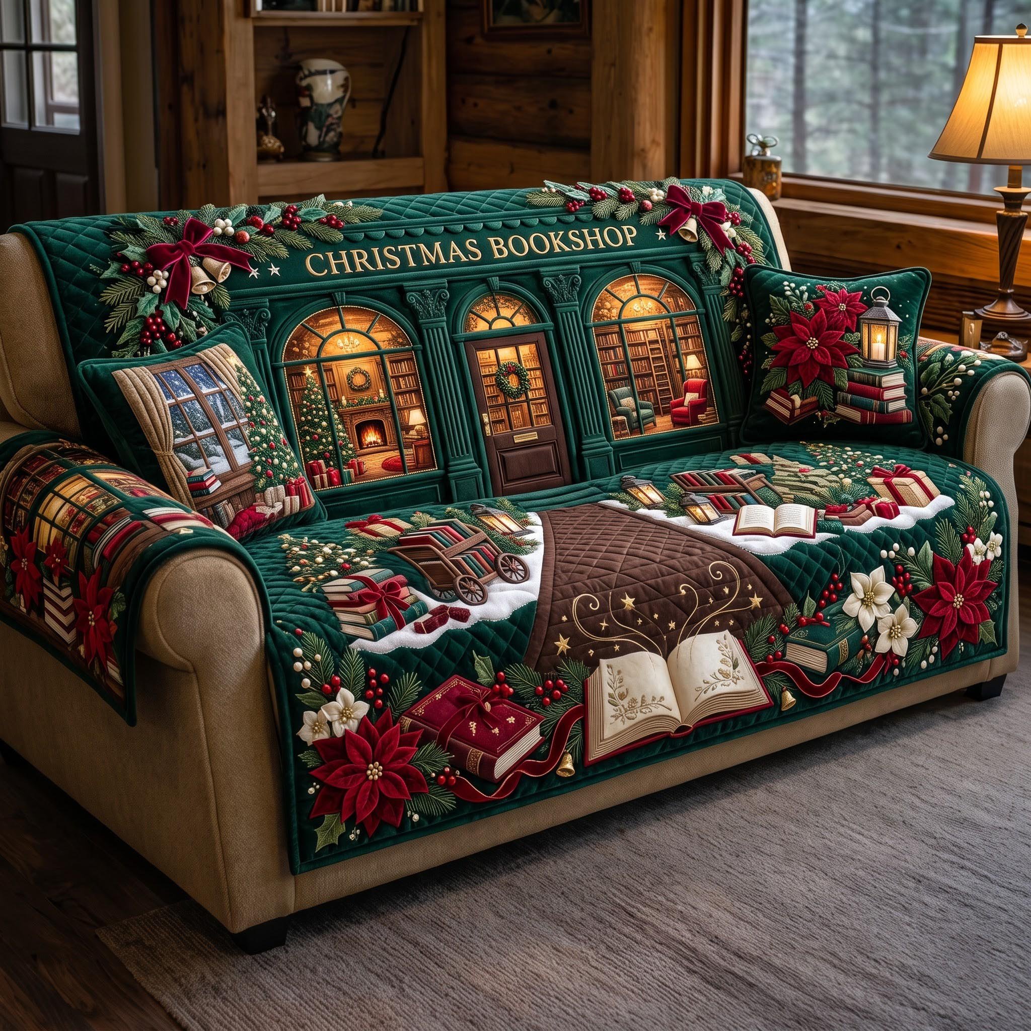 Christmas Bookshop Quilted Sofa Cover
