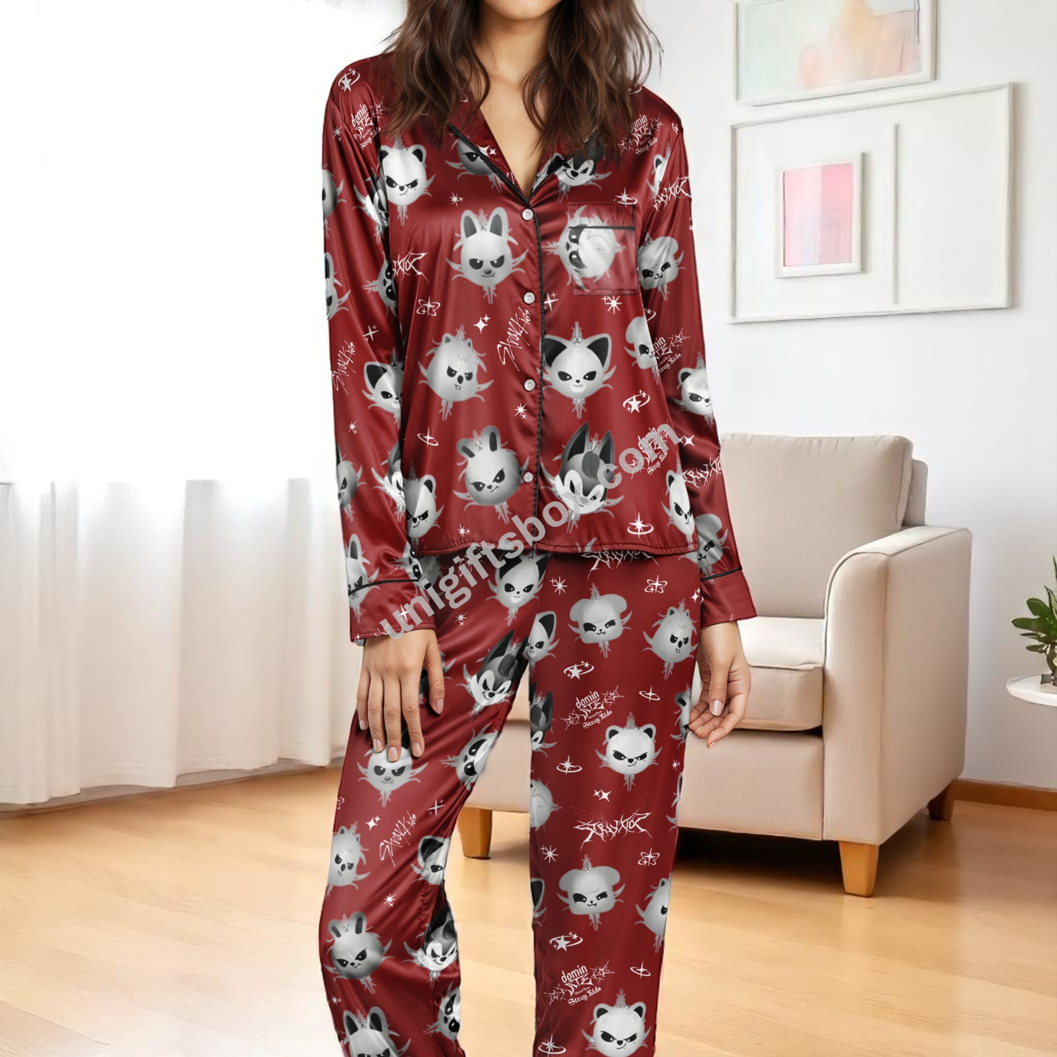 Skzcode Pajamas Stray Kids SKZoo DominATE Style Satin Pajama Set – Cute Cartoon SKZoo ...