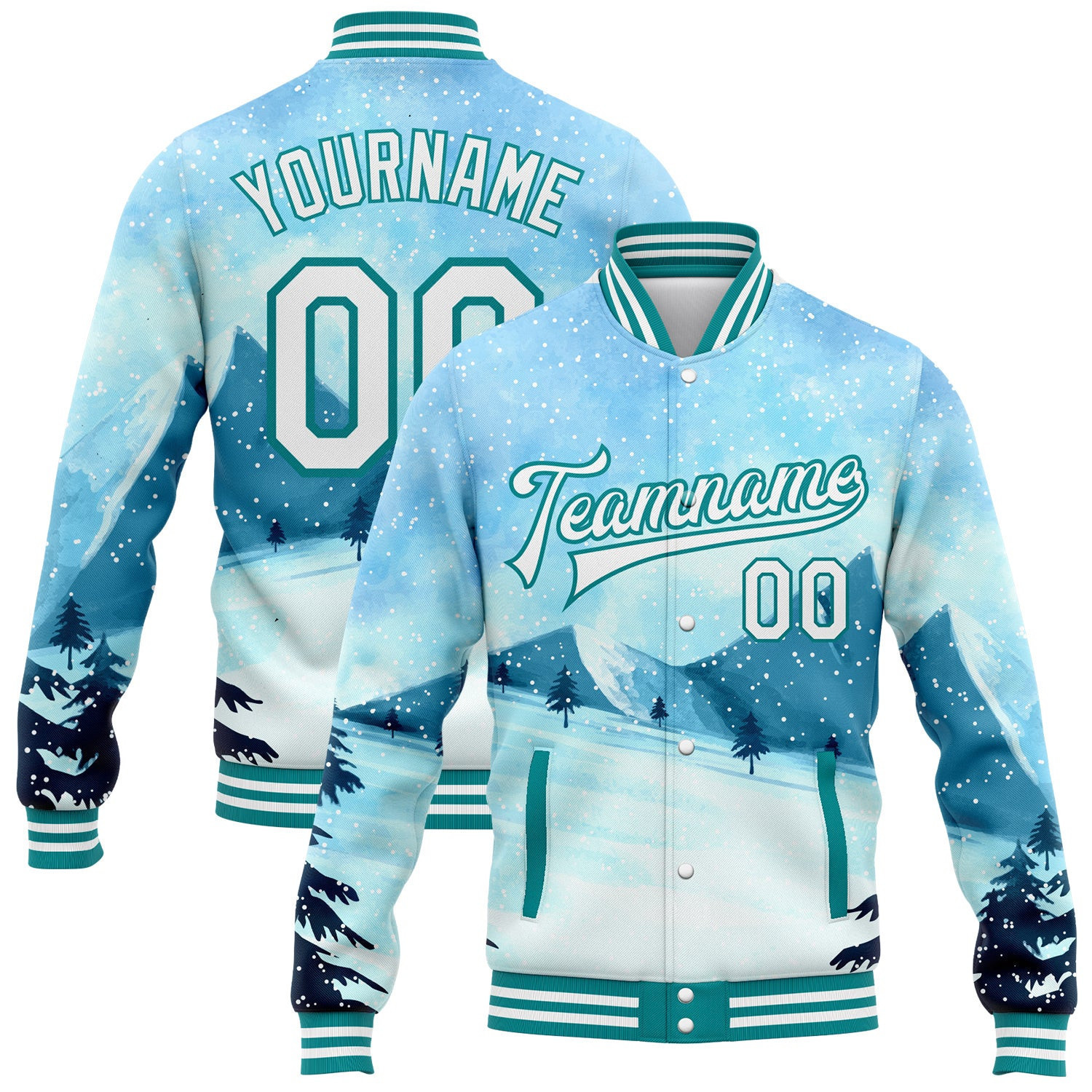 Tree Design Track Jacket Custom Light Blue White-teal Watercolor Winter Landscape With Snowy ...
