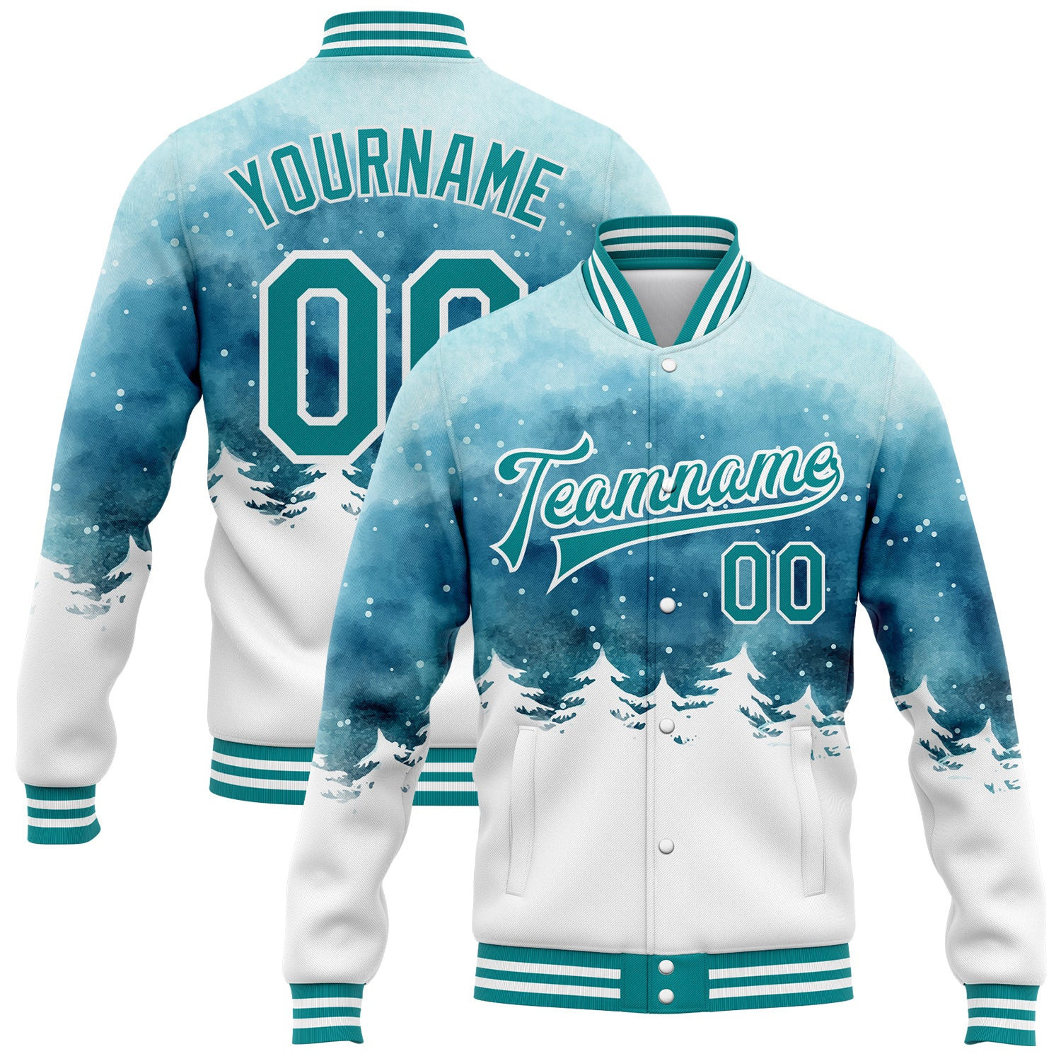 Tree Design Track Jacket Custom Light Blue Teal-white Watercolor Winter Landscape With Snowy ...
