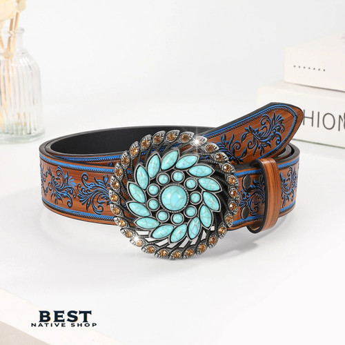 Vintage Turquoise Buckle Belt Classic Embossed Western Faux Leather Belt Vintage Denim Cowgirl Jeans Pants Belt for Women Daily