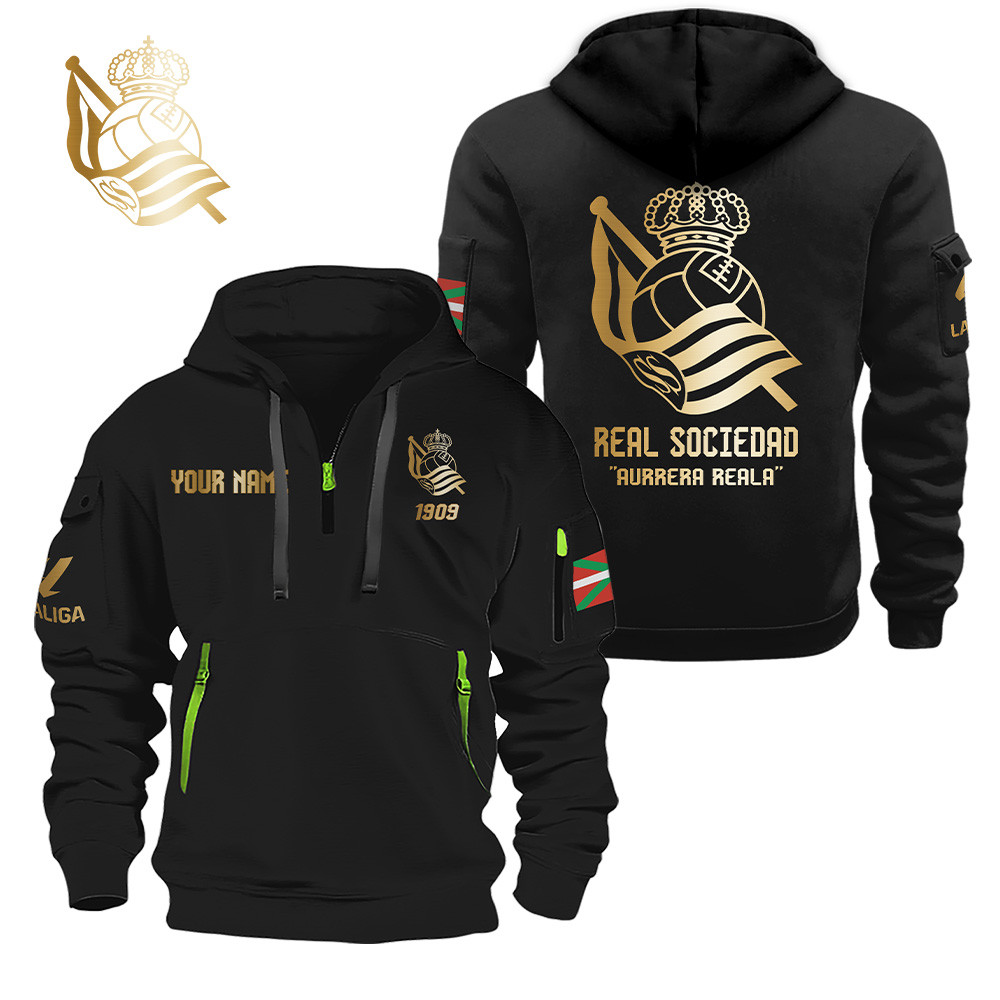 Real Sociedad Gold Logo Quarter Zip Hoodie