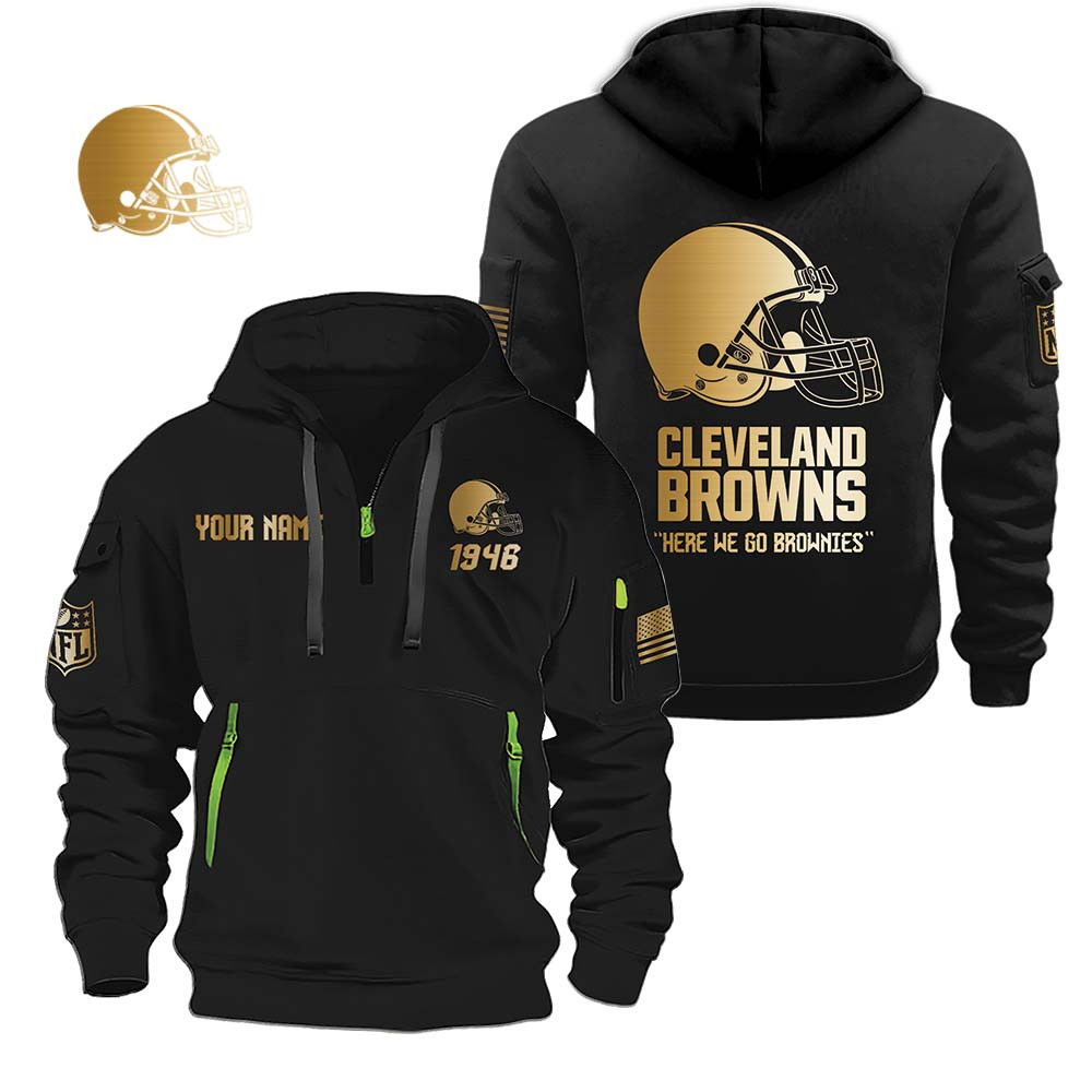 Cleveland Browns Gold Logo Design Quarter Zip Hoodie