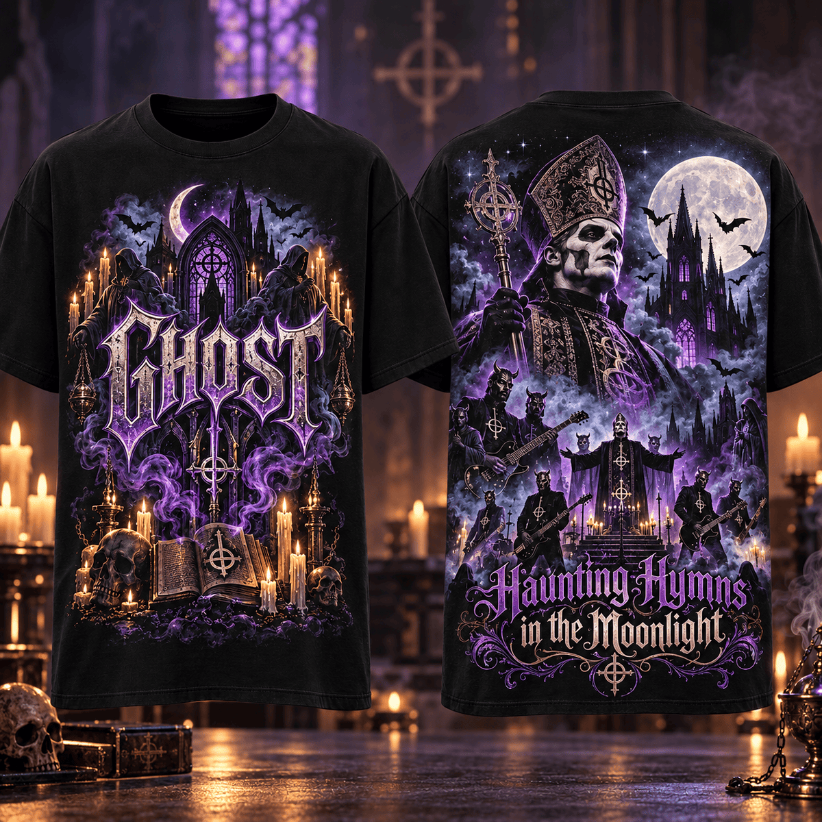 Ghost Purple Moon Gothic Cathedral 3D Shirt For Fans Of Haunting Rock Nights NDN Flat Shirt Mockup