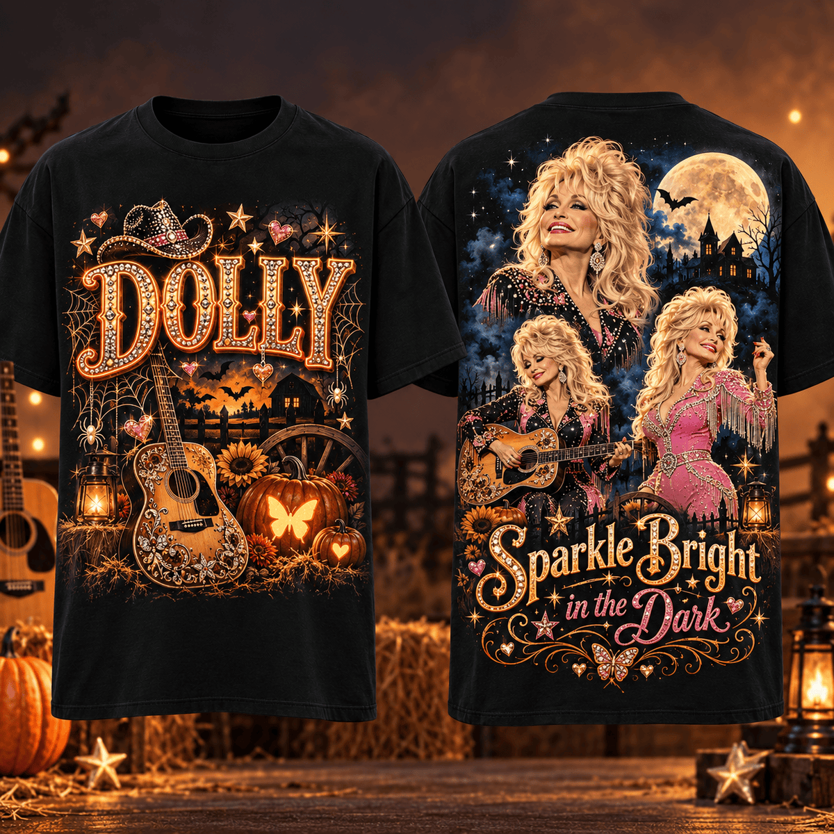 Dolly Parton Pumpkin Moon Guitar 3D Shirt For Country Fans Celebrating A Spooky Night NDN Flat Shirt Mockup