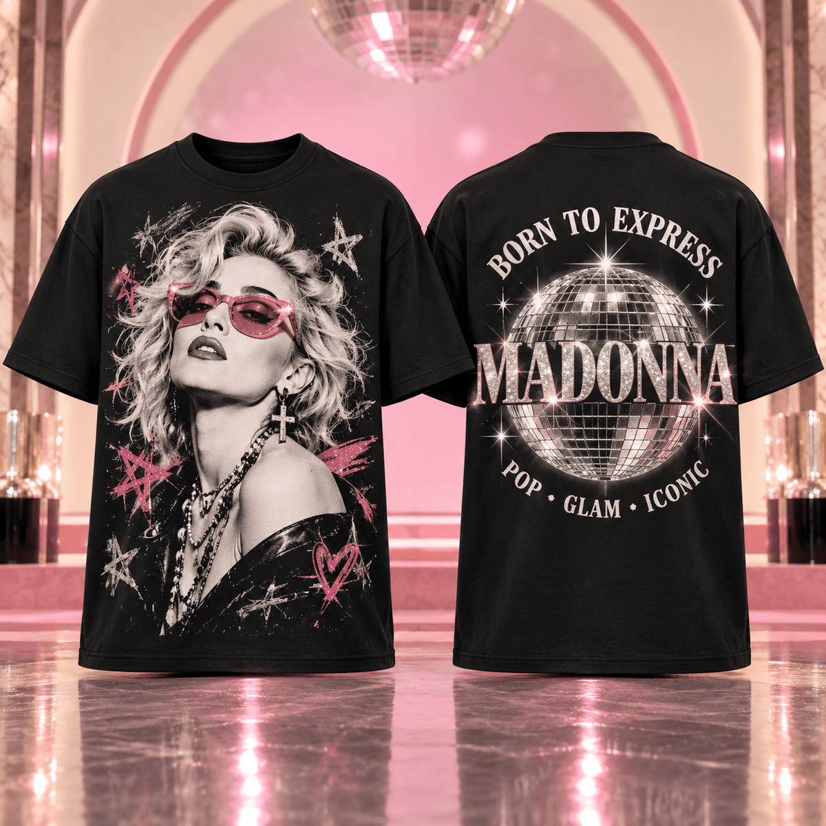 Madonna Pink Portrait Disco Ball 3D Shirt For Pop Fans Owning The Dance Floor NDN Flat Shirt Mockup