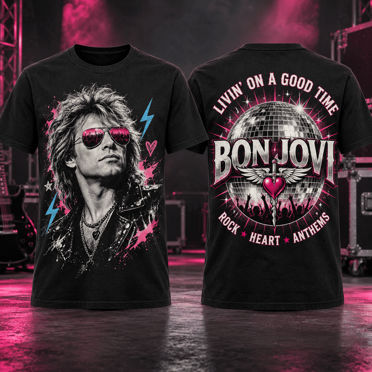 Bon Jovi Neon Lightning Disco Ball 3D Shirt For Rock Fans Keeping The Party Alive NDN Flat Shirt Mockup
