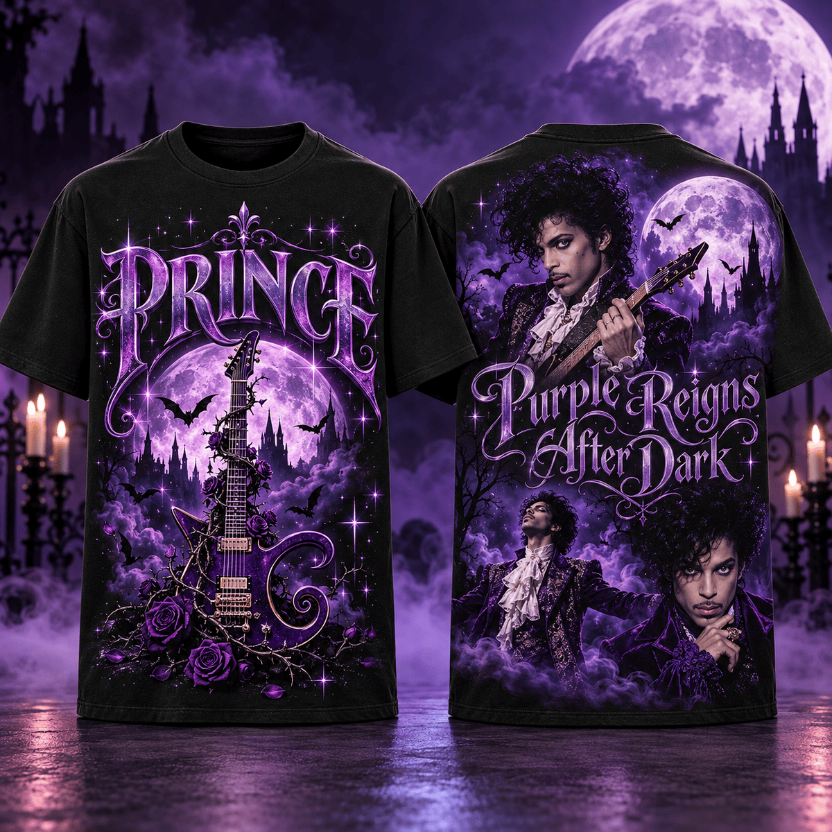 Prince Purple Moon Gothic Castle 3D Shirt For Fans Following The Music After Dark NDN Flat Shirt Mockup