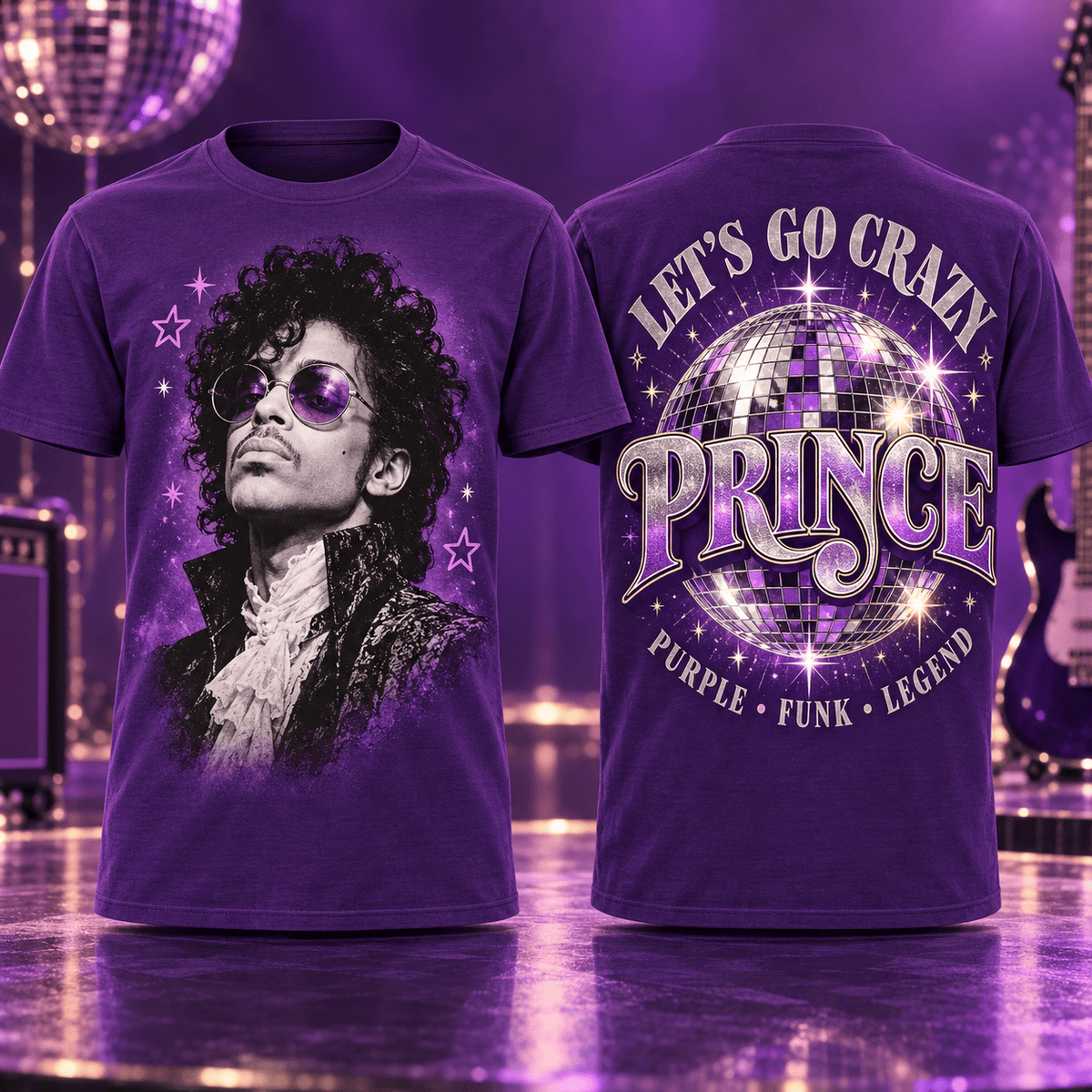 Prince Purple Portrait Disco Ball 3D Shirt For Fans Ready To Dance In Purple NDN Flat Shirt Mockup