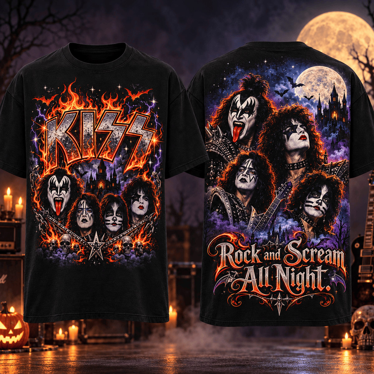 Kiss Fiery Moon Band Portrait 3D Shirt For Rock Fans Welcoming A Wild Halloween NDN Flat Shirt Mockup