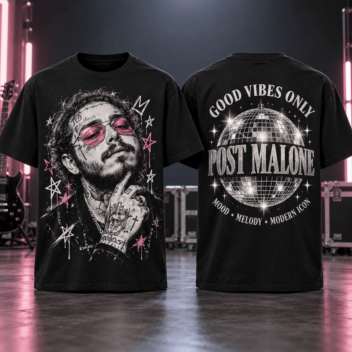 Post Malone Pink Sunglasses Disco Ball 3D Shirt For Fans Bringing A Playful Party Mood NDN Flat Shirt Mockup