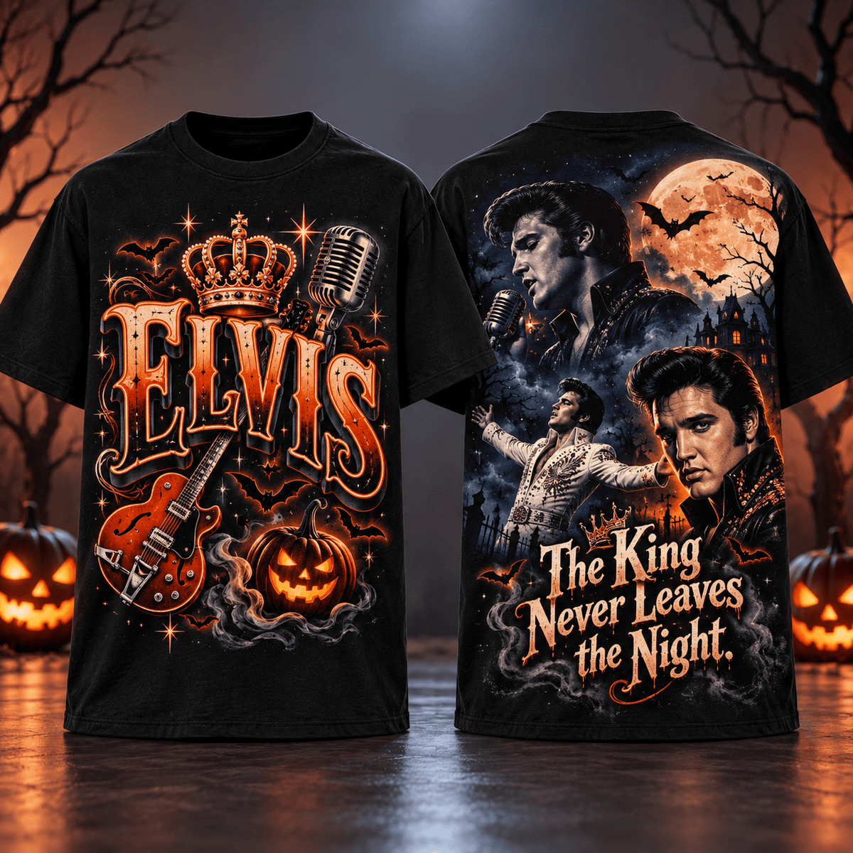 Elvis Presley Pumpkin Guitar Moon 3D Shirt For Fans Rocking Through A Haunted Evening NDN Flat Shirt Mockup