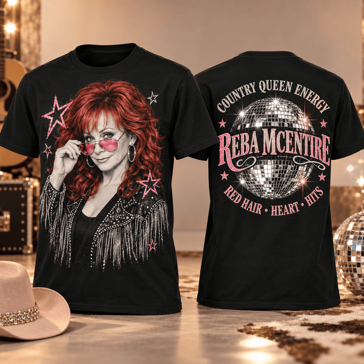 Reba McEntire Pink Sunglasses Disco Ball 3D Shirt For Country Fans With Star Power NDN Flat Shirt Mockup